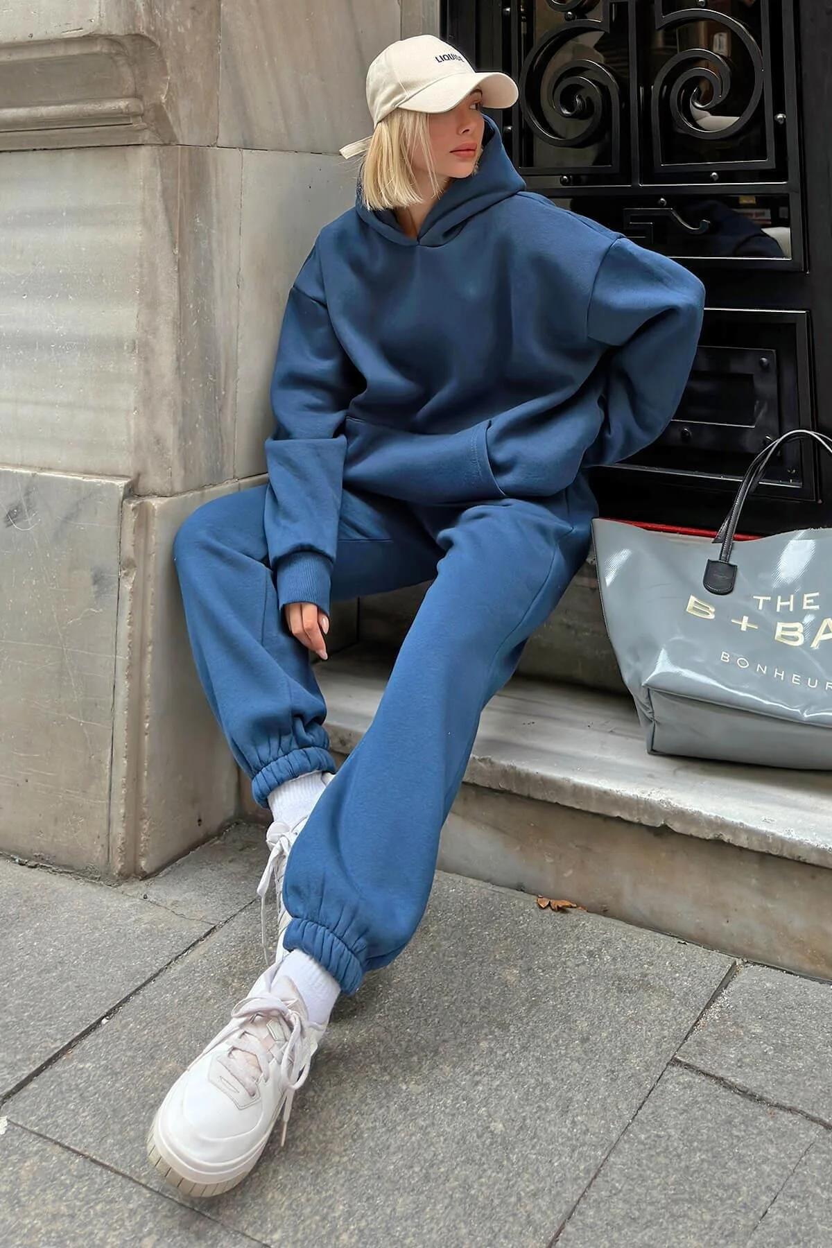 Bild von Swist Indigo Felpa Kapuzen-sweatshirt-trainingsanzug Trainingsanzug-set für Damen - L