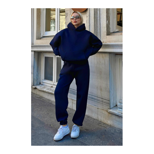 Bild von Swist Marineblaues Felpa-Kapuzen-Sweatshirt-Trainingsanzug-Set für Damen – L
