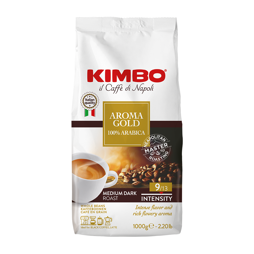 Bild von Kimbo Gold 100% Arabica ganze Kaffeebohnen, dunkle Röstung, ausgezeichnet für Lattes oder Cappuccinos, 1kg Beutel
