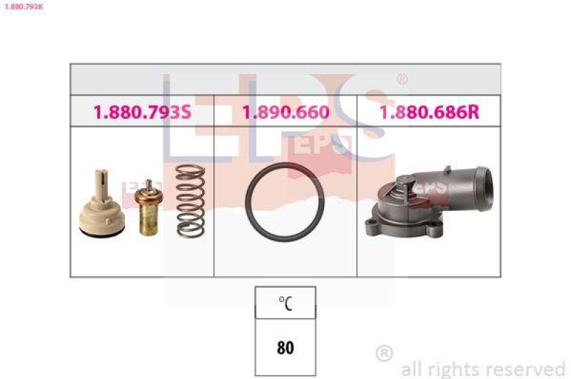 Bild von EPS 1.880.793K Kühlwasserthermostat Thermostat, Thermostat, Kühlmittel, Kühler Thermostat 80 Made in Italy - OE Equivalent mit Verbindungsstücken