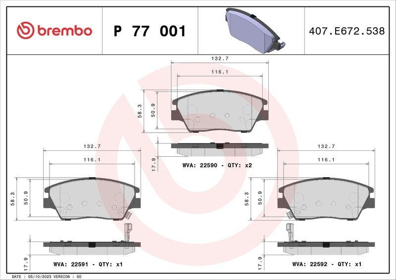 Bild von Bremsbeläge Vorne von Brembo ohne Zubehör (P 77 001) Bremsbelagsatz Bremsanlage Scheibenbremsbelagsatz, Scheibenbremsbelagsatz, Bremsklötze, Bremsklotz, Beläge, Bremsbeläge,Bremsbelaege