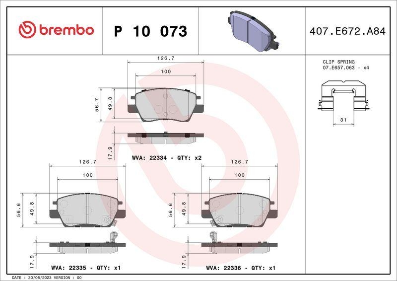 Bild von BREMBO P 10 073 Bremsbelagsatz Bremsbeläge, Bremsklötze, Bremssteine mit akustischer Verschleißwarnung mit Zubehör OPEL: Ampera-e