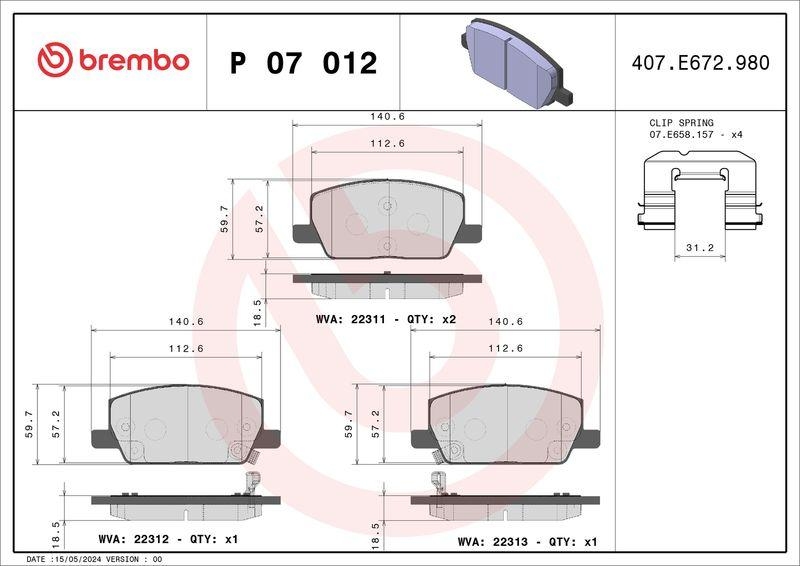 Bild von BREMBO P 07 012 Bremsbelagsatz Bremsbeläge, Bremsklötze, Bremssteine mit akustischer Verschleißwarnung mit Zubehör OPEL: Mokka / Mokka X