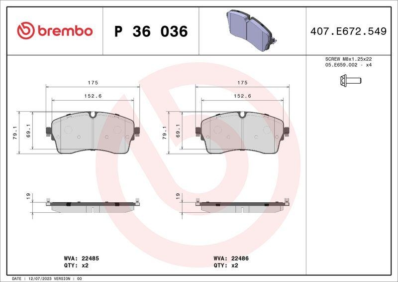 Bild von BREMBO P 36 036 Bremsbelagsatz Bremsbeläge, Bremsklötze, Bremssteine exkl. Verschleißwarnkontakt mit Bremssattelschrauben ohne Zubehör JAGUAR: E-Pace