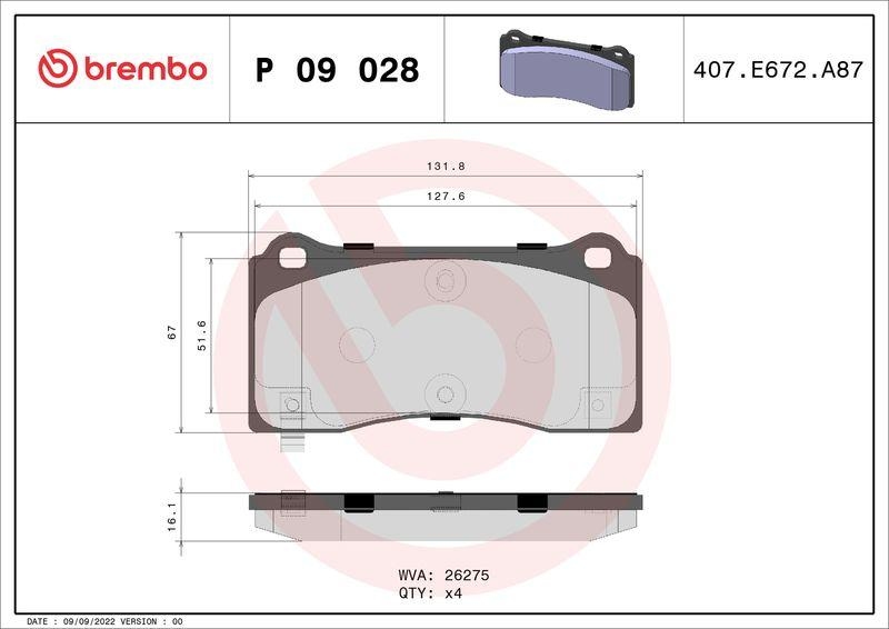 Bild von BREMBO P 09 028 Bremsbelagsatz Bremsbeläge, Bremsklötze, Bremssteine mit akustischer Verschleißwarnung mit Anti-Quietsch-Blech ohne Zubehör