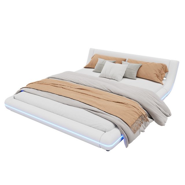 Bild von HAUSS SPLOE Polsterbett 160 x 200cm Flachbett, Bodenbett mit LED-Umgebungslicht, PU weiß