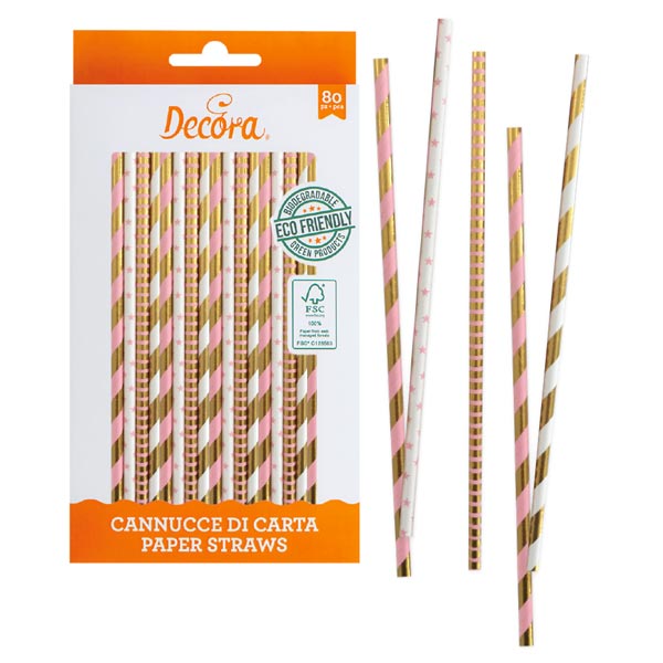 Bild von 80 rosa-gold gemusterte Trinkhalme aus Pappe, 21cm