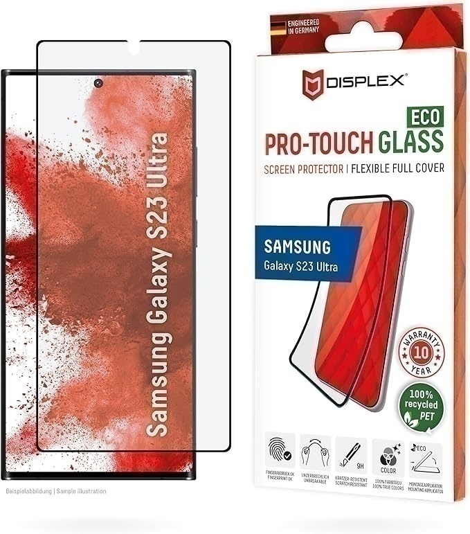 Bild von Displex PRO-TOUCH ECO Full Cover Panzerglas (9H) für Samsung Galaxy S23 Ultra, Eco-Applikator, 100% FPS Funktionalität, Ultra-HD farbbrillant, unzerbrechlich
