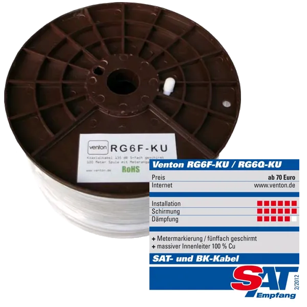 Bild von Venton Koaxial Sat Kabel RG6F-KU 140dB 5-fach geschirmt High Quality 300m