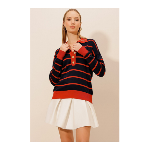 Bild von HAKKE Gestreifte Strickbluse mit Rollkragen und goldenen Knöpfen für Damen