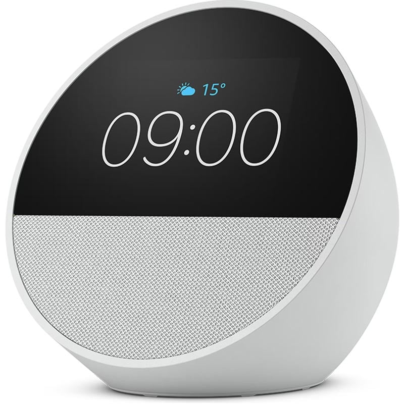 Bild von Amazon Echo Spot (2024), weiß Smart Clock, Erinnerungen, Wetter, Timer und mehr. Lass dir Songtitel anzeigen und steuere einfach per Sprachbefehl