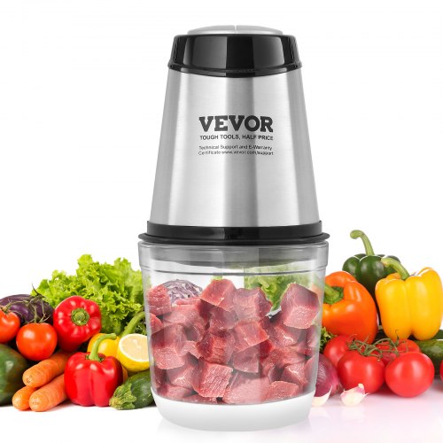 Bild von VEVOR Elektrische Küchenmaschine Fleischwolf 400 W, Multifunkitonal Zerkleinerer, 600 mL Füllkapazität Standmixer 3000 U/min + 4000 U/min, Gemüseschneider inkl. Glasschüssel & Klinge & Schaber Silber