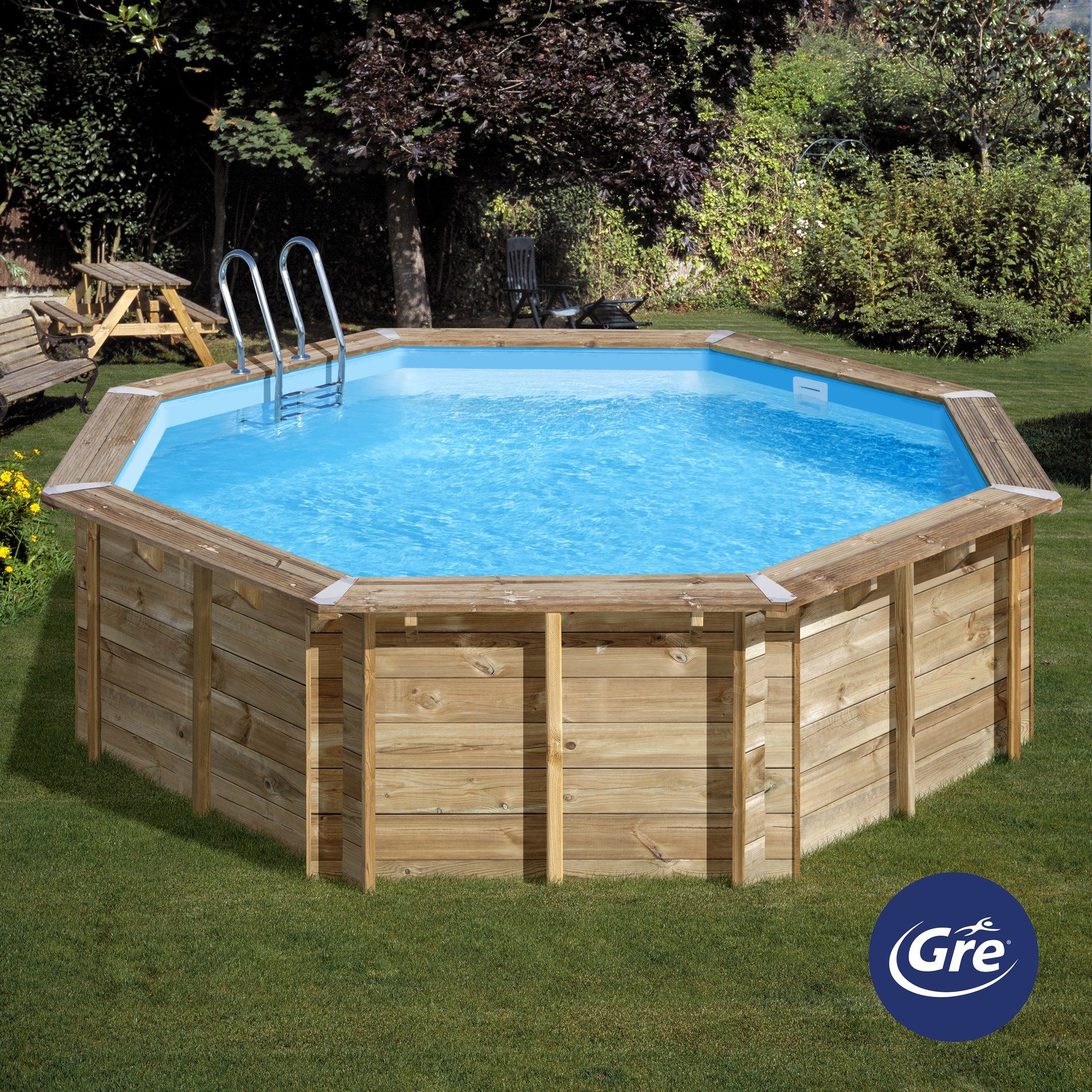 Bild von Gre Sechseckpool »VASTO mit Sonnendeck und Geländer«, (Set, 9 tlg.), Kiefernholz, BxLxH: 428x525x136 cm