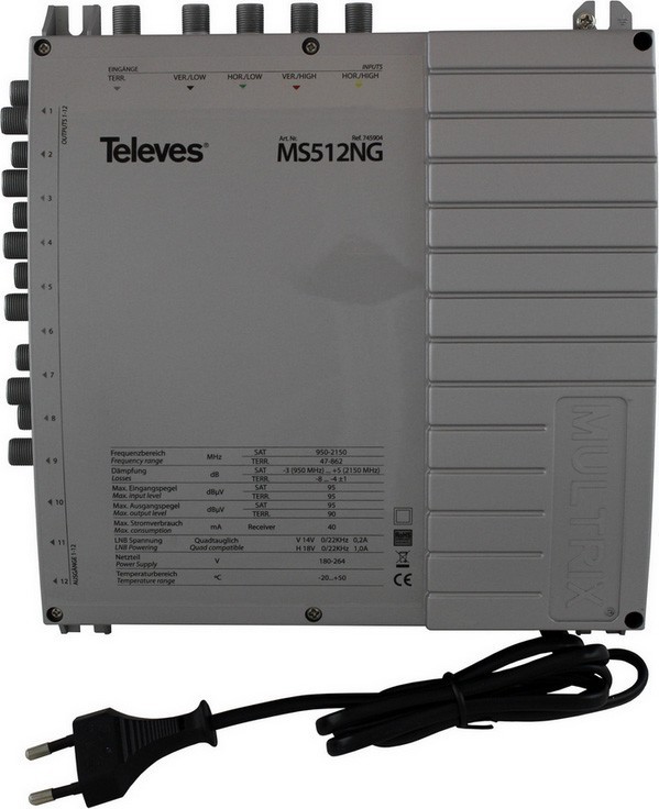 Bild von Televes MS512NG. Produktfarbe: Grau. Stecker: F. Breite: 204 mm, Tiefe: 57 mm, Höhe: 130 mm. Abmessungen (Bx (Multischalter), SAT Zubehör, Grau