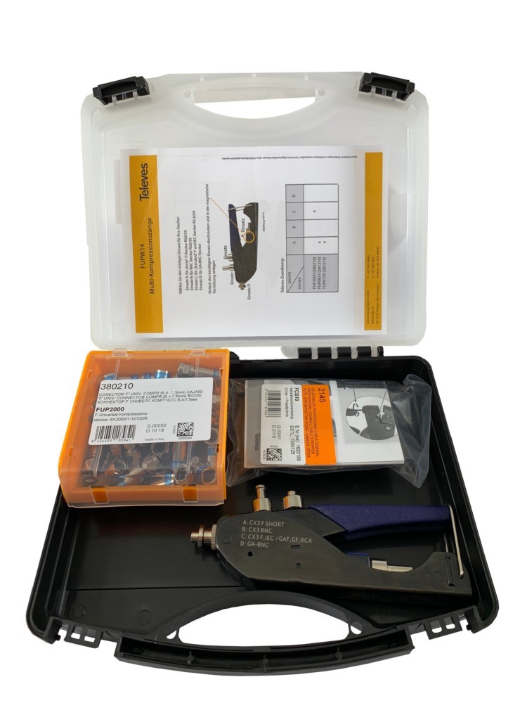 Bild von Televes, Zange, Kompressionsstecker-Set FUPS14 mit 50 x FUP2000 (26 mm)