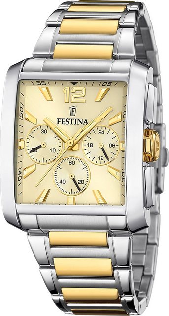 Bild von Festina Chronograph Festina Herrenuhr Edelstahl silber gold, (Chronograph), Herren Armbanduhr eckig, Edelstahlarmband silber, gold, Elegant