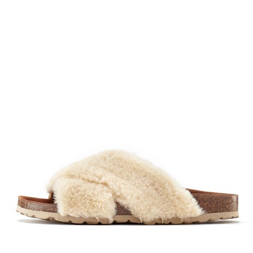 Bild von LASCANA Hausschuh, Mule, Sandale, offener Schuh, Korkfußbett mit Fellimitat
