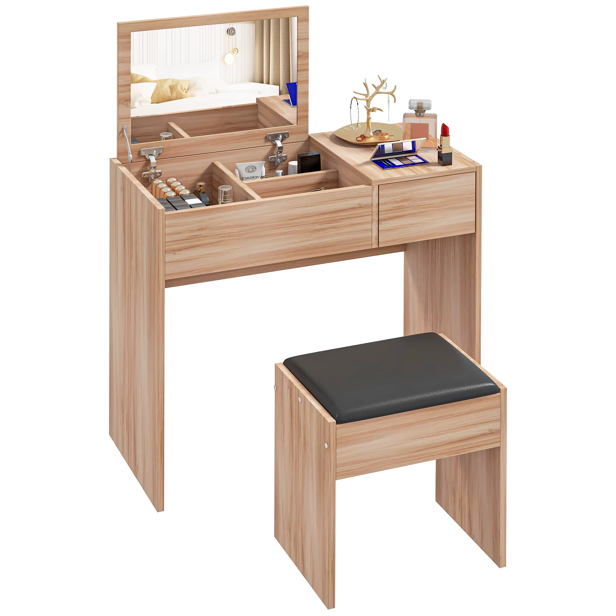 Bild von Homcom Make-up Waschtisch mit Spiegel hocker und Aufbewahrung boxen
