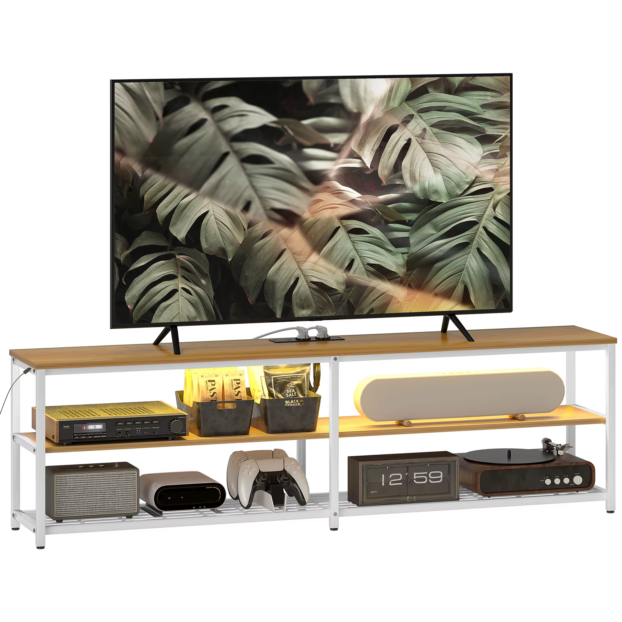 Bild von HOMCOM Industrieller TV-Schrank Wohnzimmer TV-Schrank mit LED-Leuchten Fernbedienung Ladeerweiterung und 2 offenen Fächern 65 Zoll TV-Schrank 159x29x46,5 cm Natur