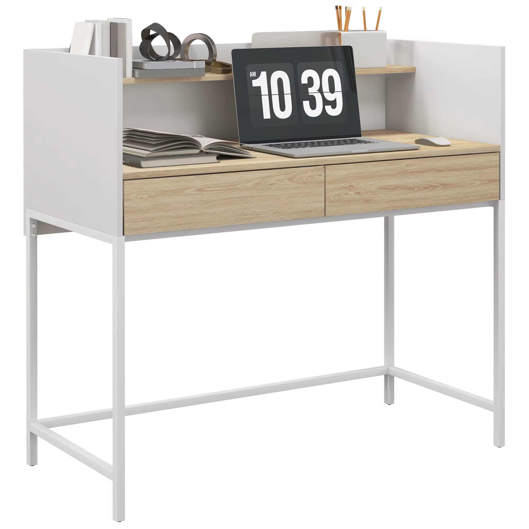 Bild von Homcom Schreibtisch mit 2 Schubladen und Regal 106x51,5x102,5 cm Weiß und Eiche