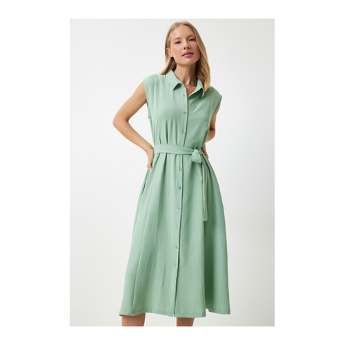 Bild von Happiness İstanbul Grünes Sommer-hemdkleid Aus Leinen-viskose Mit Gürtel für Damen - 38