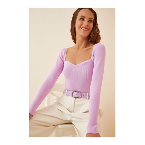 Bild von Happiness İstanbul Lilafarbener Rippstrickpullover Mit Herzkragen für Damen - S/M