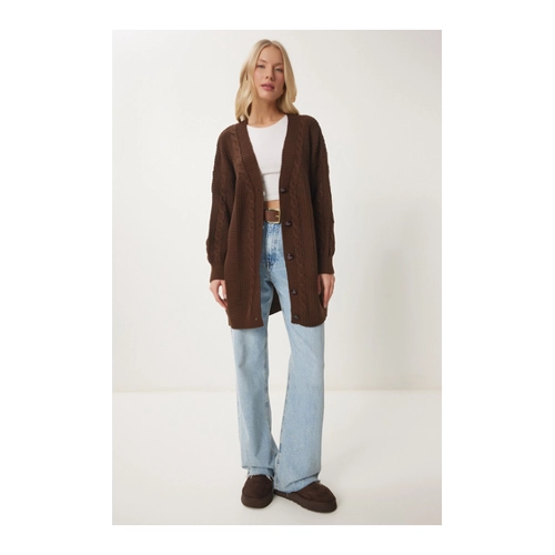 Bild von Happiness İstanbul Braune Oversize-Strickjacke Mit Ballonärmeln für Damen - Standard