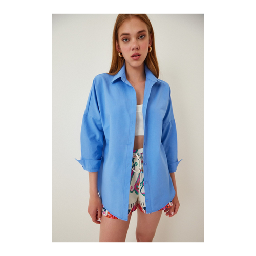 Bild von Happiness İstanbul Oversize Long Basic Shirt Mittelblau für Damen - 36