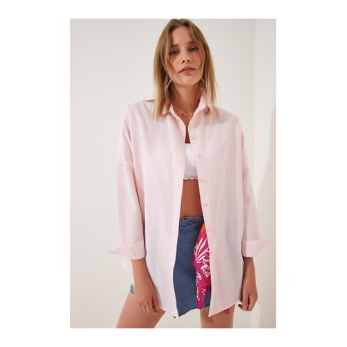 Bild von Happiness İstanbul Hellrosa Oversize-lang-basic-hemd für Damen - 38