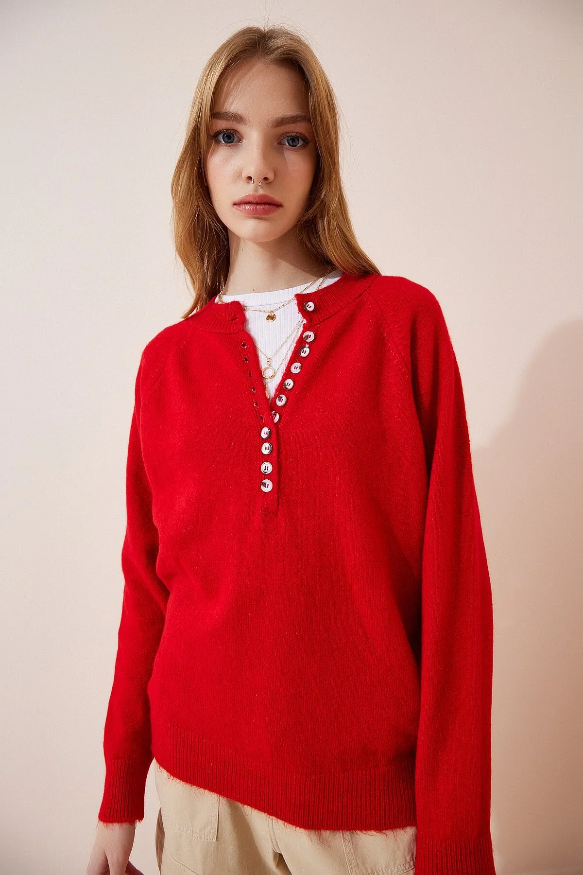 Bild von Happiness İstanbul Roter Strickpullover Mit Geknöpftem Revers , für Damen - Standard