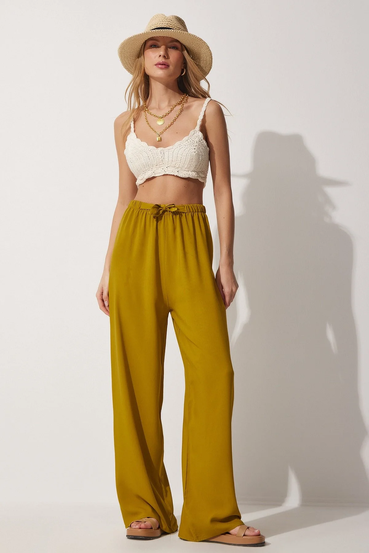 Bild von Happiness İstanbul Ölgrüne Palazzo-viskosehose für Damen - 42