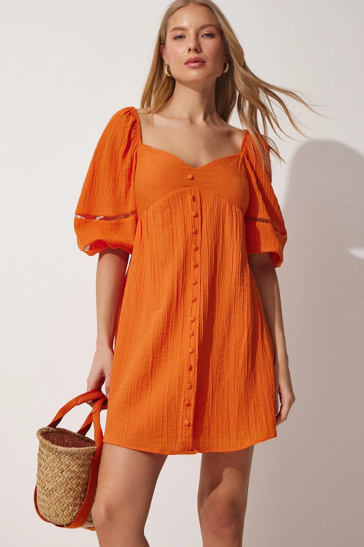 Bild von Happiness İstanbul Sommerkleid Mit Herzförmigem Ausschnitt Und Ballonärmeln In Orange für Damen - 40