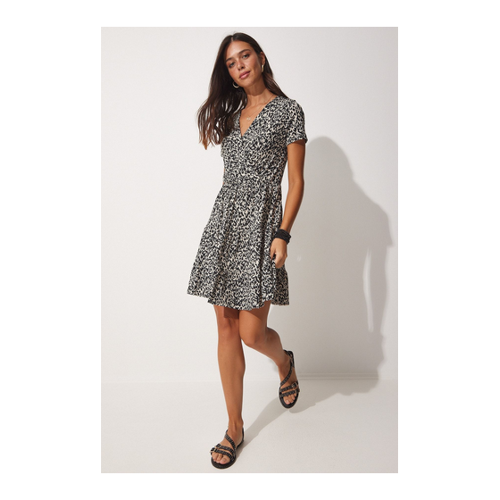 Bild von Happiness İstanbul Schwarzes, Cremefarbenes, Gemustertes Sommer-Strickkleid für Damen - 36