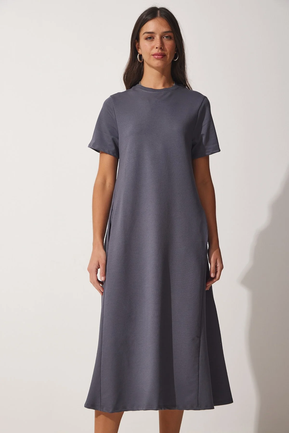 Bild von Happiness İstanbul Anthrazitfarbenes A-linien-sommerkleid Aus Gekämmter Baumwolle für Damen - 36
