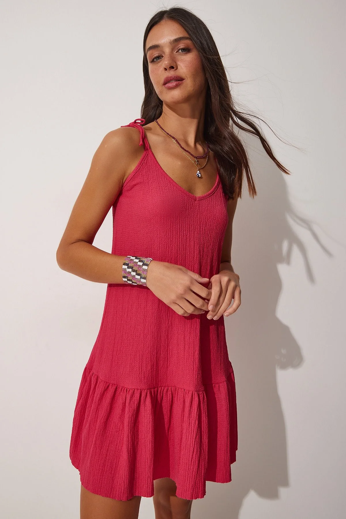 Bild von Happiness İstanbul Dunkelrosa Sommerstrickkleid Mit Gebundenen Trägern für Damen - 36