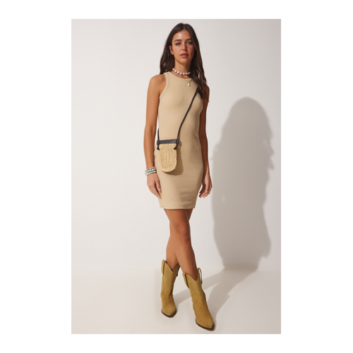 Bild von Happiness İstanbul Geripptes Mini-strickkleid mit Biskuit-neckholder für Damen - 40
