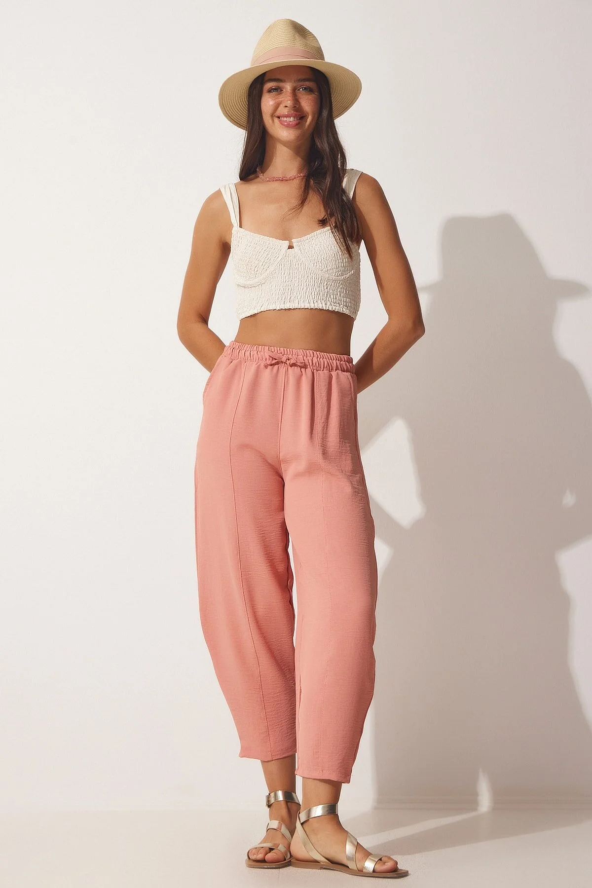 Bild von Happiness İstanbul Hellrosa Shalwar-hose Aus Getrocknetem Leinen für Damen - 36