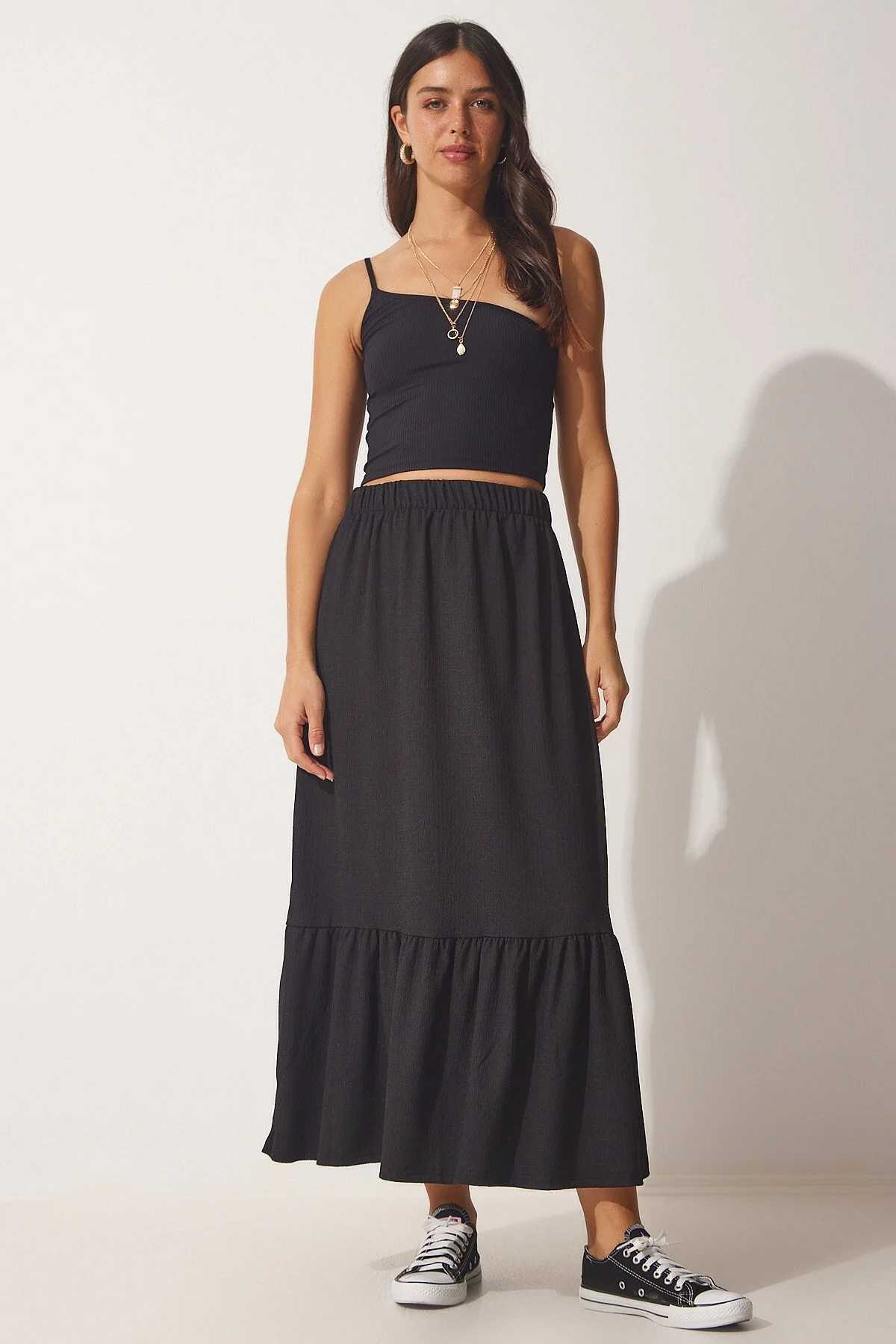 Bild von Happiness İstanbul Schwarzer Sommer-midirock Mit Volant für Damen - 42