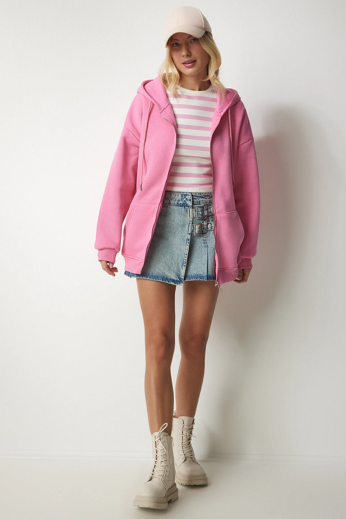 Bild von Happiness İstanbul Rosa Oversize-sweatshirt Mit Kapuze Und Reißverschluss für Damen - 40