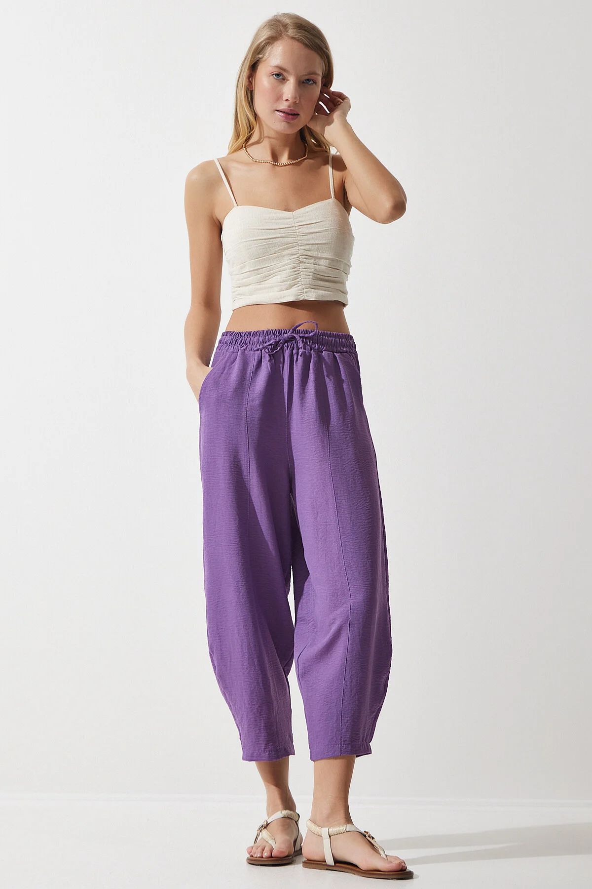 Bild von Happiness İstanbul Dunkelviolette Baggy-hose Aus Leinen-viskose Mit Taschen für Damen - 38