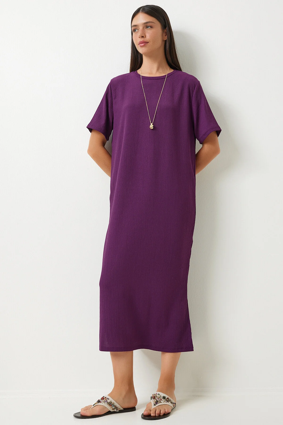 Bild von Happiness İstanbul Pflaumenfarbenes, Locker Geschnittenes, Langes Strickkleid Dz00076 für Damen - 36