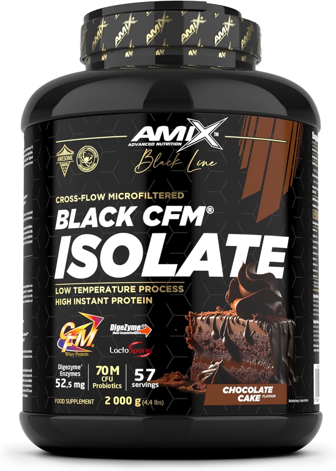 Bild von Amix | BLACK CFM ISOLATE Protein - Hilft bei der Erhaltung der Muskelmasse - Mit Verdauungsenzymen - Einfache Verdauung - Schnelle Absorption - Proteinpulver - 2 kg - Schokoladenkuchen Geschmack