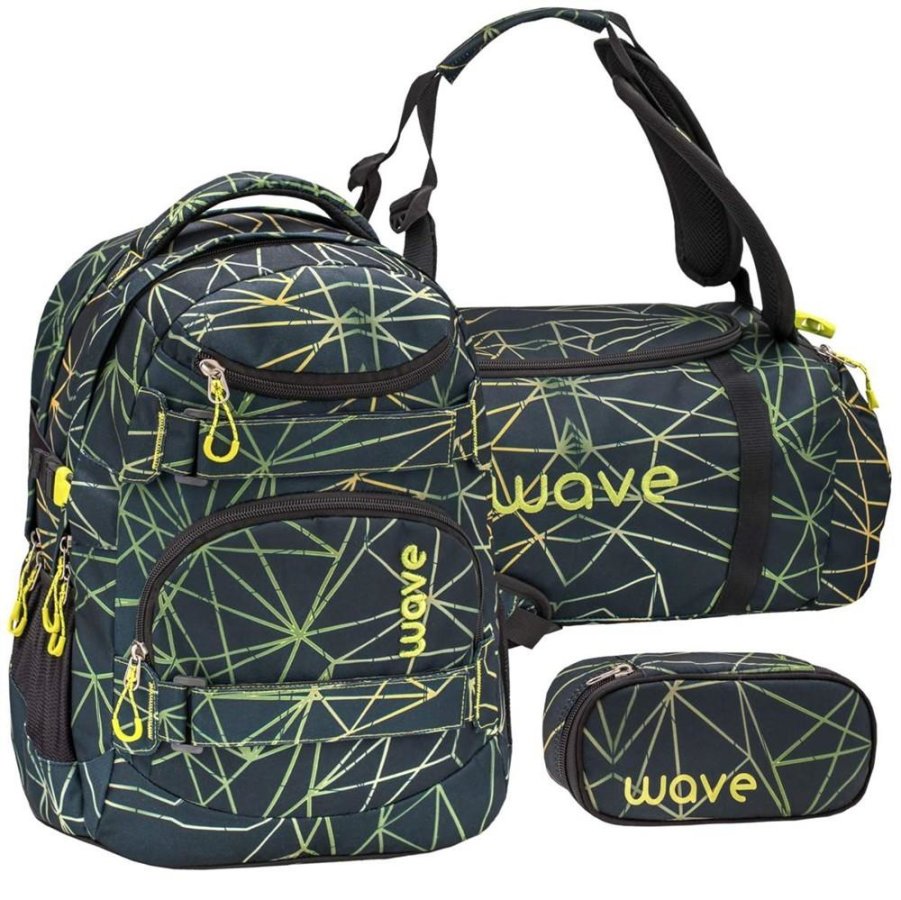 Bild von Wave Infinity Schulrucksack Set 3 - teilig mit Laptopfach Tabletfach / 43 x 31 x 22 cm / 30 Liter/Unisex Mädchen Jungen/Rucksack Daypack Grün (338-72/A Set2 Stripes Green)