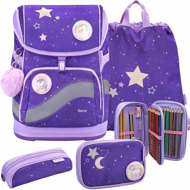 Bild von Belmil Premium Smarty Plus ergonomisches Schulranzen Set 5-teilig mit Patch Set 6 Stück, AGR, Brustgurt, Hüftgurt, Magnetverschluss (405-51/P/S Dahlia)