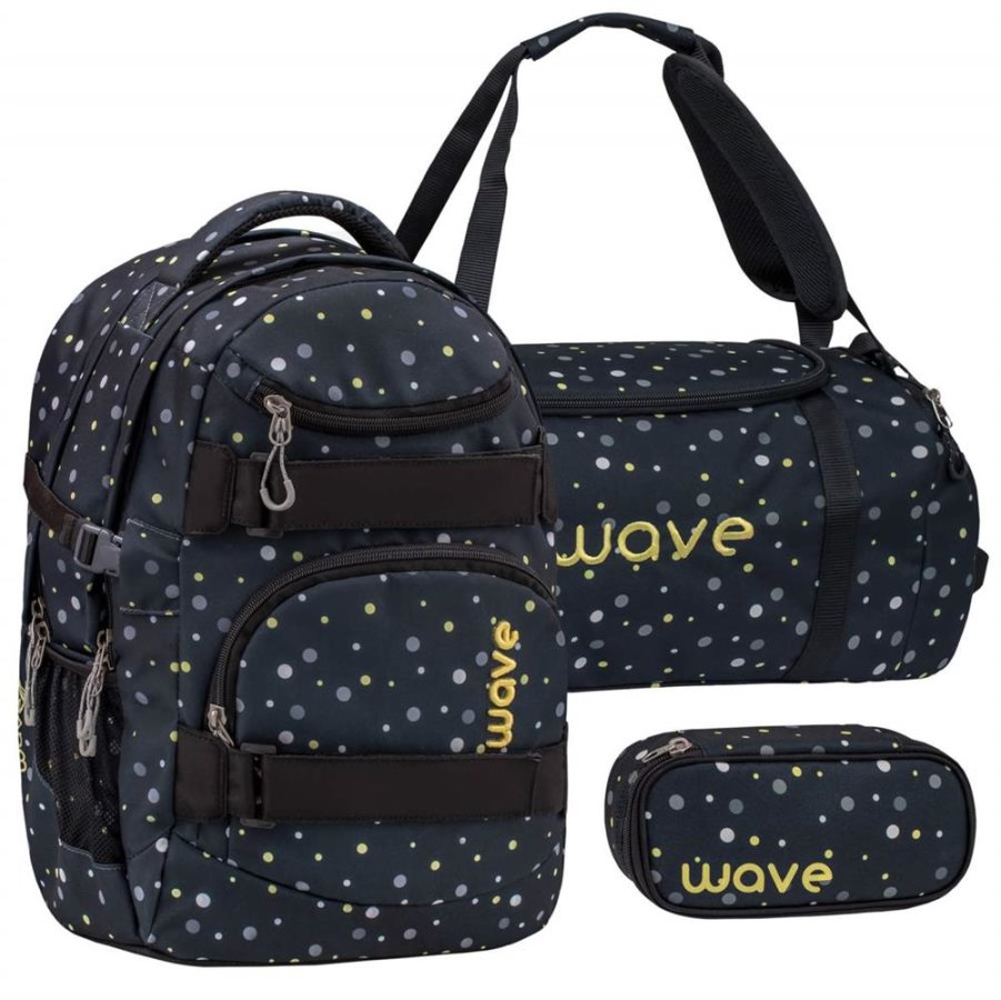 Bild von Wave Infinity Schulrucksack Set 3 - teilig mit Laptopfach Tabletfach / 43 x 31 x 22 cm / 30 Liter/Unisex/Rucksack Daypack (338-72/A Set2 Black and Yellow Dots)