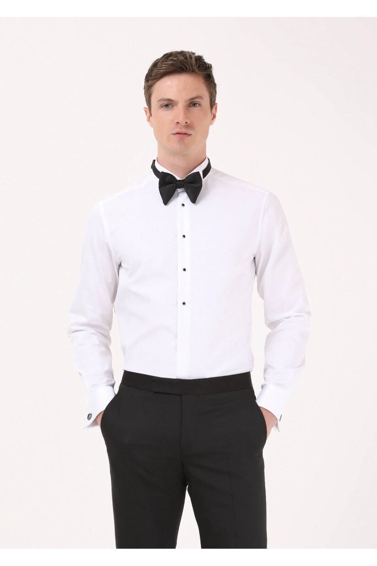 Bild von Ramsey Weißes, Schlichtes Slim Fit Smokinghemd Mit Kläppchenkragen Und Doppelmanschette für Herren - 39