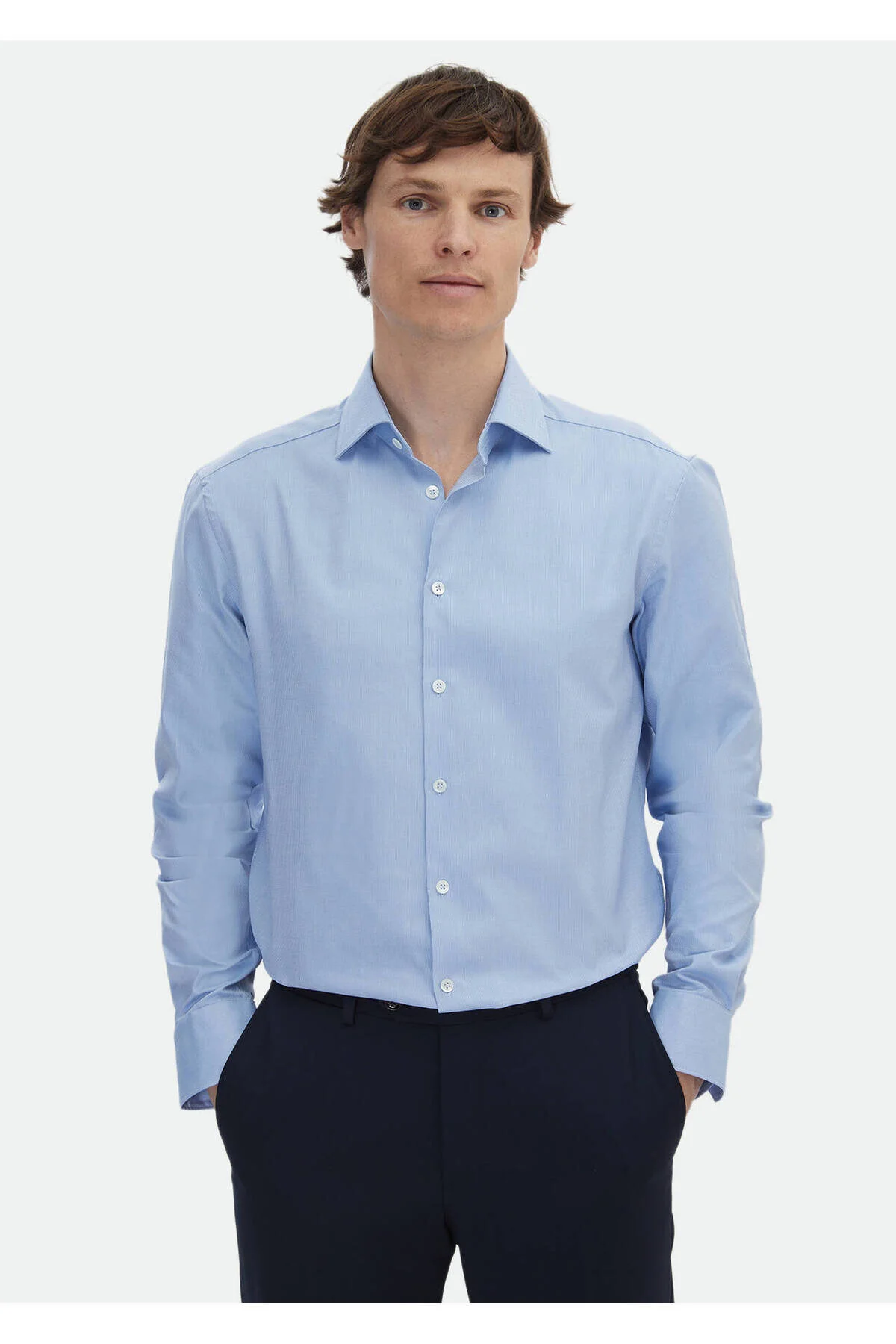 Bild von Ramsey Blaues Micro-regular-fit-hemd Aus Klassischer 100 % Baumwolle für Herren - 40
