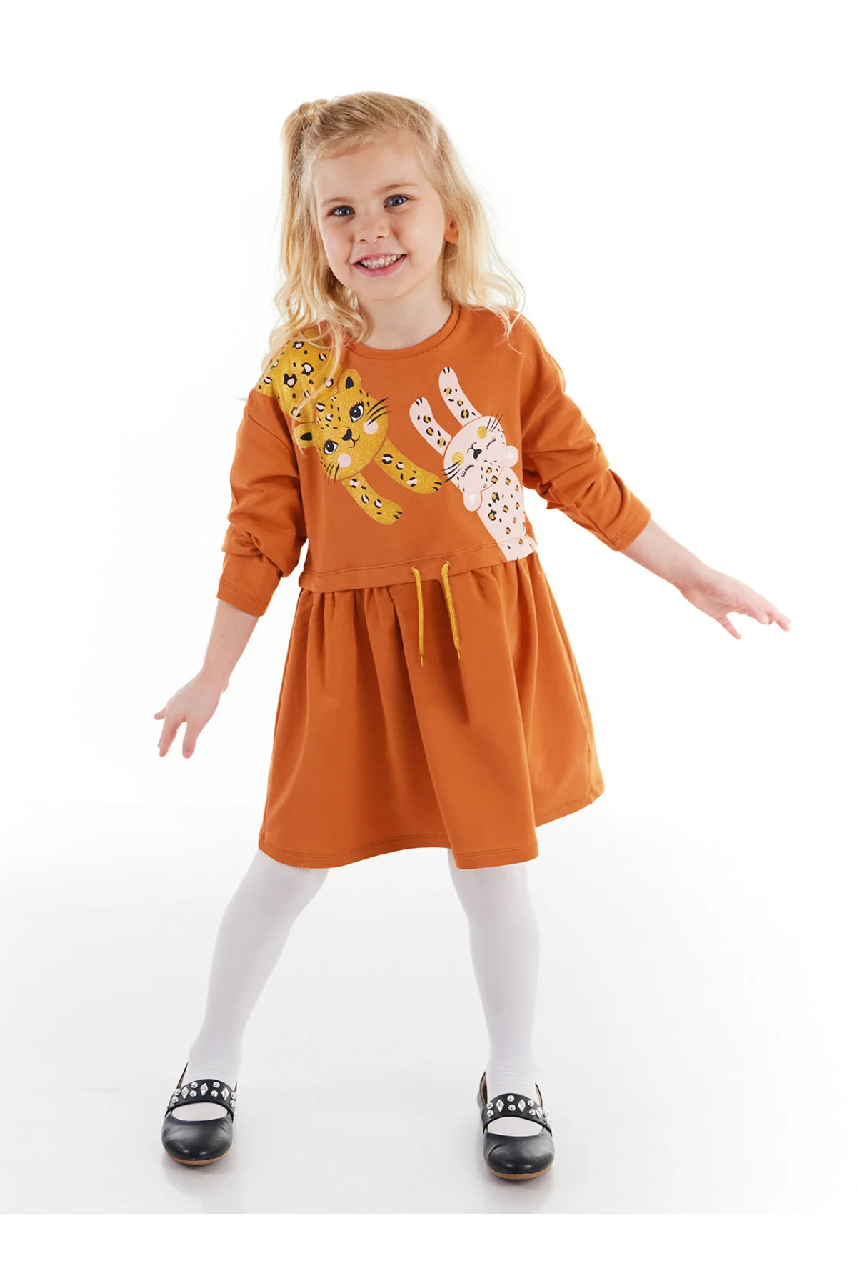 Bild von Denokids Langärmliges Oranges Leopardenkleid Für Mädchen Elastische Taille für Damen - 6 Jahre alt