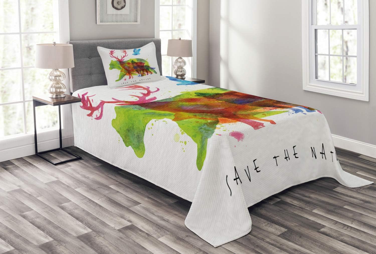 Bild von ABAKUHAUS Tier Tagesdecke Set, Alaska Tiere Bär Wolf, Set mit Kissenbezug luftdurchlässig, für Einzelbetten 170 x 220 cm, Mehrfarbig