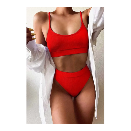 Bild von Angelsin Tankini-Bikinioberteil Aus Cordstoff Mit Hoher Taille, Rot für Damen - 38